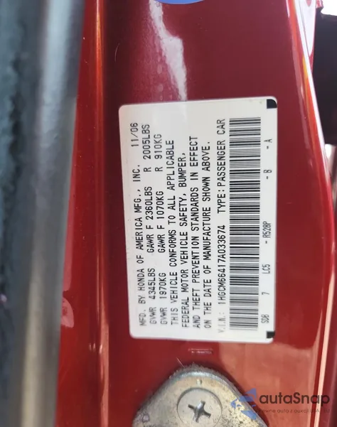 2007 Honda Accord Se from USA, damaged, VIN 1HGCM66417A033674